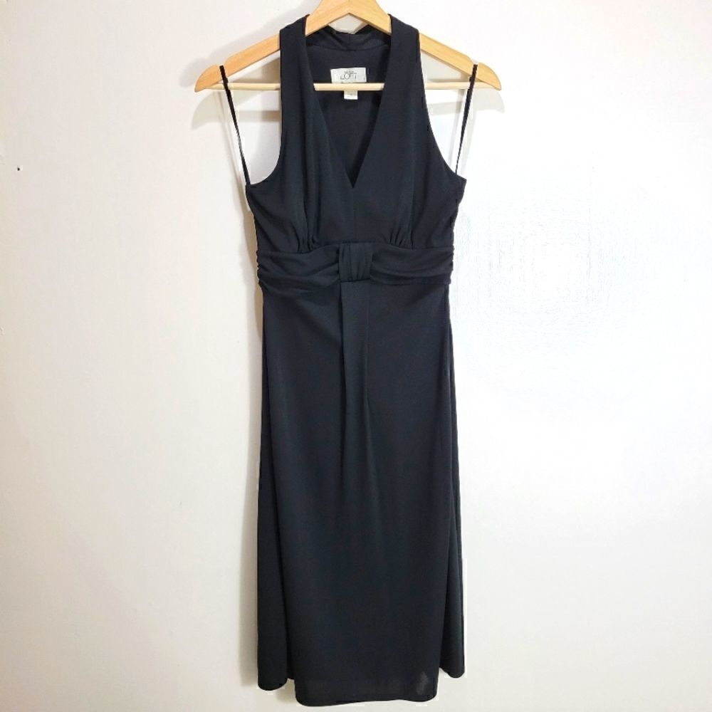 LOFT Ann Taylor Black V Neck Knot Bust Dress
